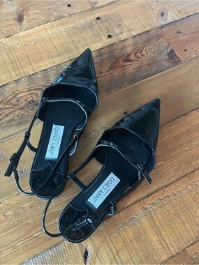 Jimmy Choo Black Patent Pointed Toe Slingback Flats 36.5